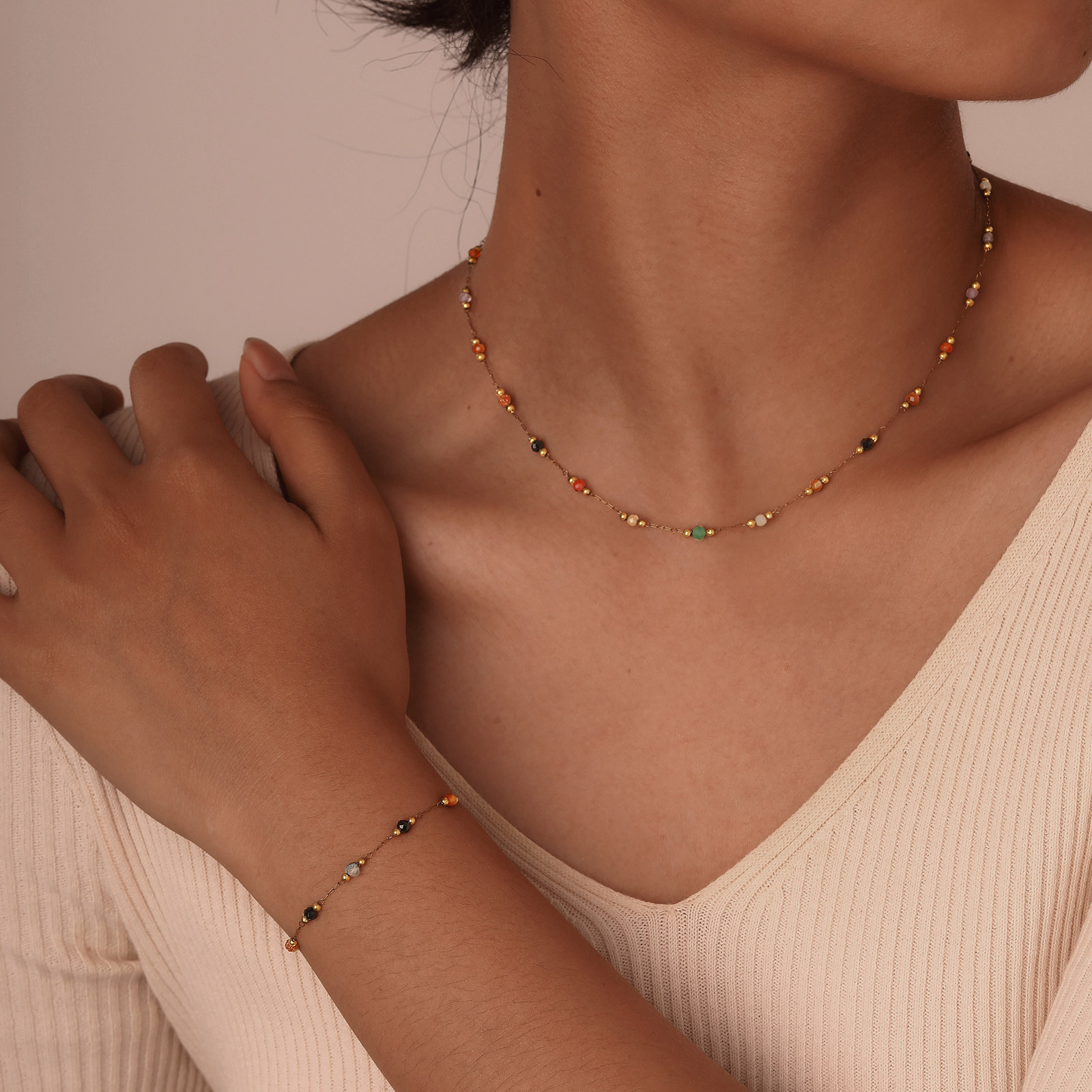 2pcs Set Colored Stone Necklace & Bracelet Set, Stainless Steel